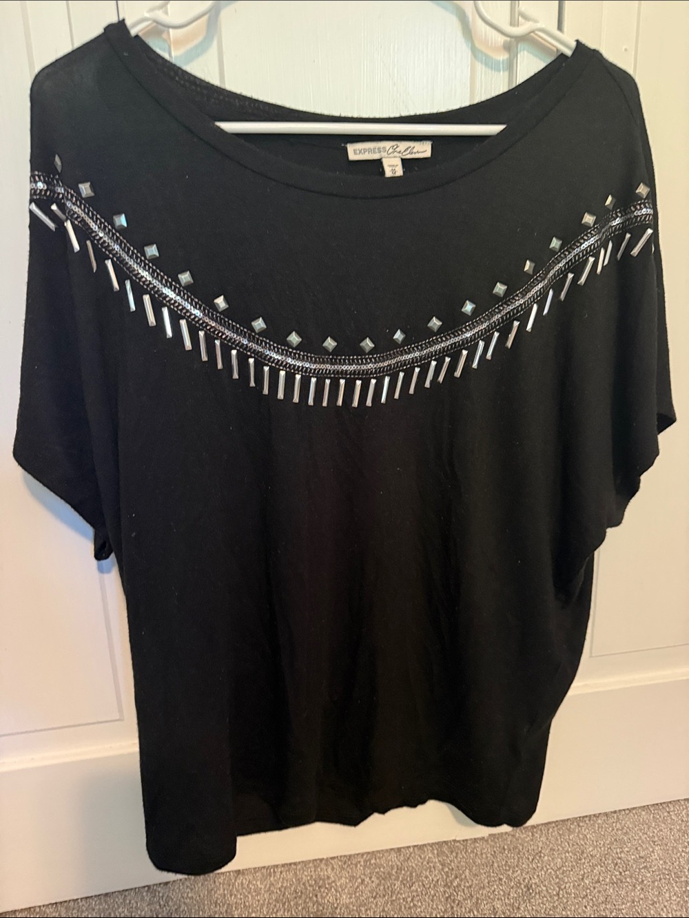 Express Black Short Sleeve Top with Metallic Bead Trim